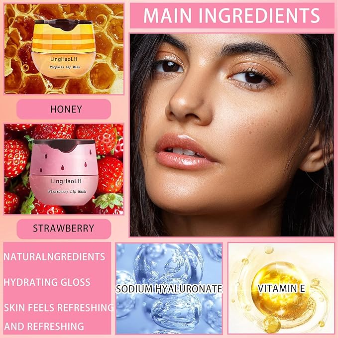 2PCS Bee Lip Balm,Hydrating Honey Pot Lip Balm with Stick,Non-Greasy Silky Sleeping Lip Mask Set,Long Lasting Lip Scrubs Moisturizer for Dry Cracked Lips（Honey ＋Strawberry）-BrightBean Baby