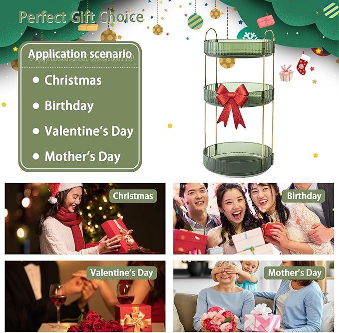 Rotating Makeup Organizer for Vanity, High-Capacity Skincare Clear Make Up Storage Perfume Organizers Cosmetic Dresser Organizer Countertop 360 Spinning (Green, 3 Tier)-BrightBean Baby