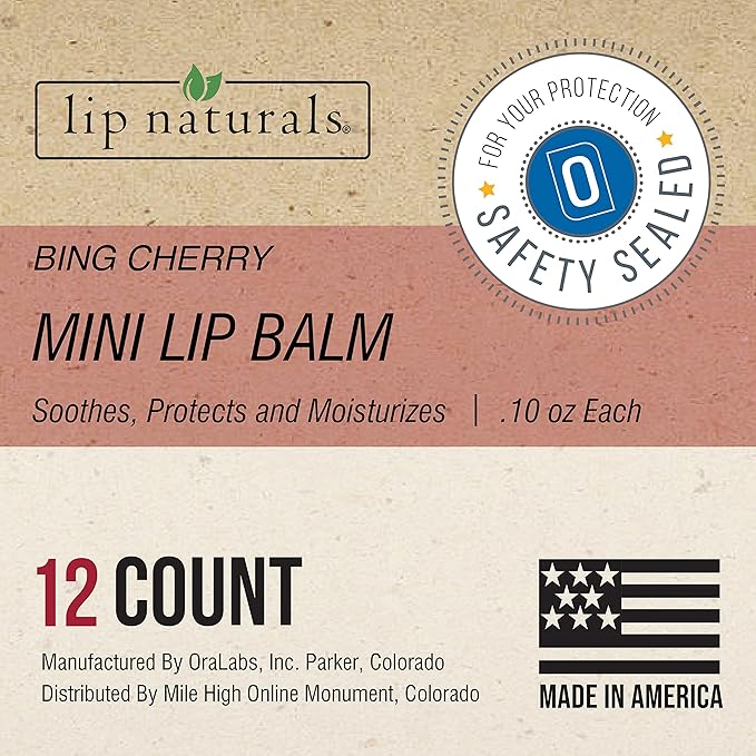 Lip Naturals® | Mini Cherry Lip Balm with Sunscreen (SPF-15) | Made in USA with Beeswax & Coconut Oil | 12-Count Mini Lip Balm Pack with Bing Cherry Flavor (0.10oz/3g Each)-BrightBean Baby