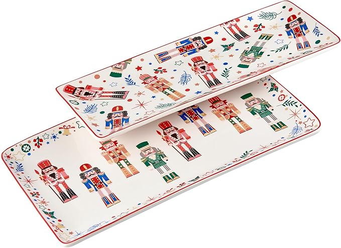 Bico Christmas Soldier Ceramic 14 inch Rectangular Serving Platter, Set of 2, for Serving Salad, Pasta, Cheese, Ham, Appetizer, Microwave & Dishwasher Safe