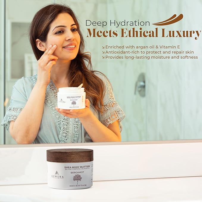 AZMERA Handcrafted Whipped Shea Body Butter – Luxurious Moisturizer for Dry, Sensitive Skin with Bergamot, Argan Oil & Vitamin E – Vegan, Non-Greasy Skincare – 8.82 oz-BrightBean Baby