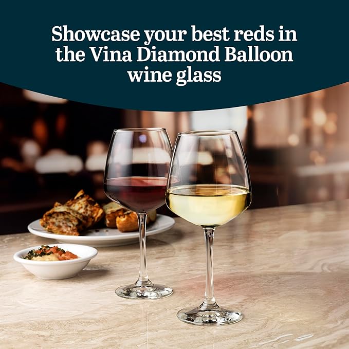 Libbey Vina Diamond Balloon Wine Glasses Set, Unique Angular Red Wine Glasses Set of 12, Large, Elegant Glass Wine Glasses for Celebratory Events