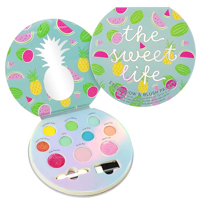 Expressions The Sweet Life Glisten & Glitter Makeup Palette 10 Color Eyeshadow Palette & Blush Makeup Novelty Beauty Set, Fold Out Compact with Mirror,Washable, Non-Toxic-BrightBean Baby