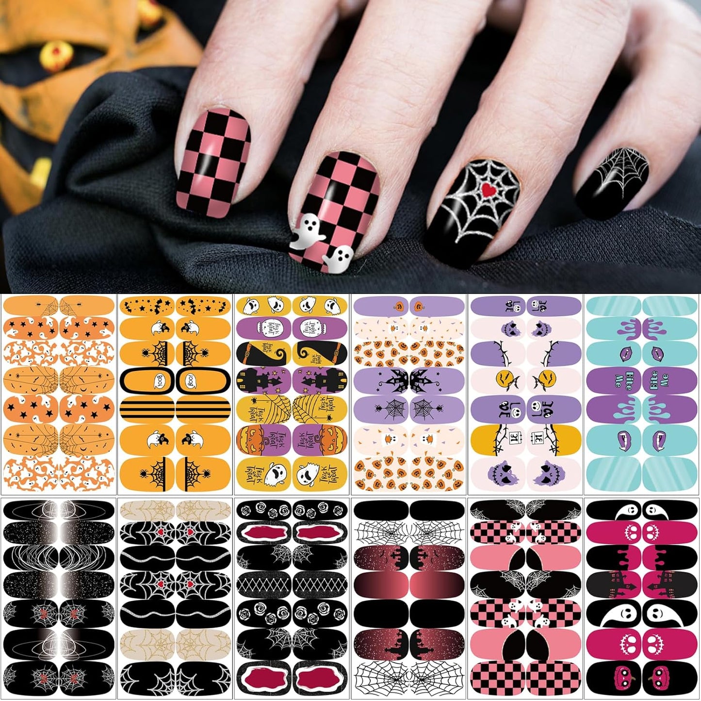 12 Sheets Halloween Nail Wraps Stickers, Nail Polish Strips DIY Self-Adhesive Full Glitter Nail Art Decals Pumpkin Bat Ghost Spider Skull Pattern with 2 Piece Nail Files for Party Decor (168 Pieces)-BrightBean Baby