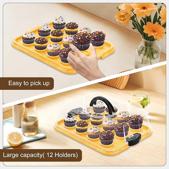 MinBoo Reusable Bamboo Cupcake Storage for Birthday Holiday Party Bakery Supplies Containers Portable 12 Standard-Size Cupcakes with Heightened Transparent Lid & Carry Handle