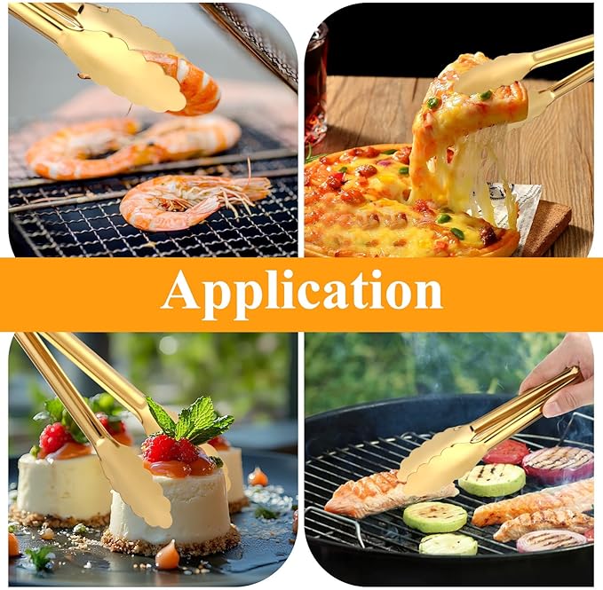 12 Pack Stainless Steel Buffet Tong Gold Serving Tongs 9 Inch Buffet Utensils Heavy Duty Durable Clamps Metal Kitchen Clip for Salad Steak Wedding Party Banquet Gathering