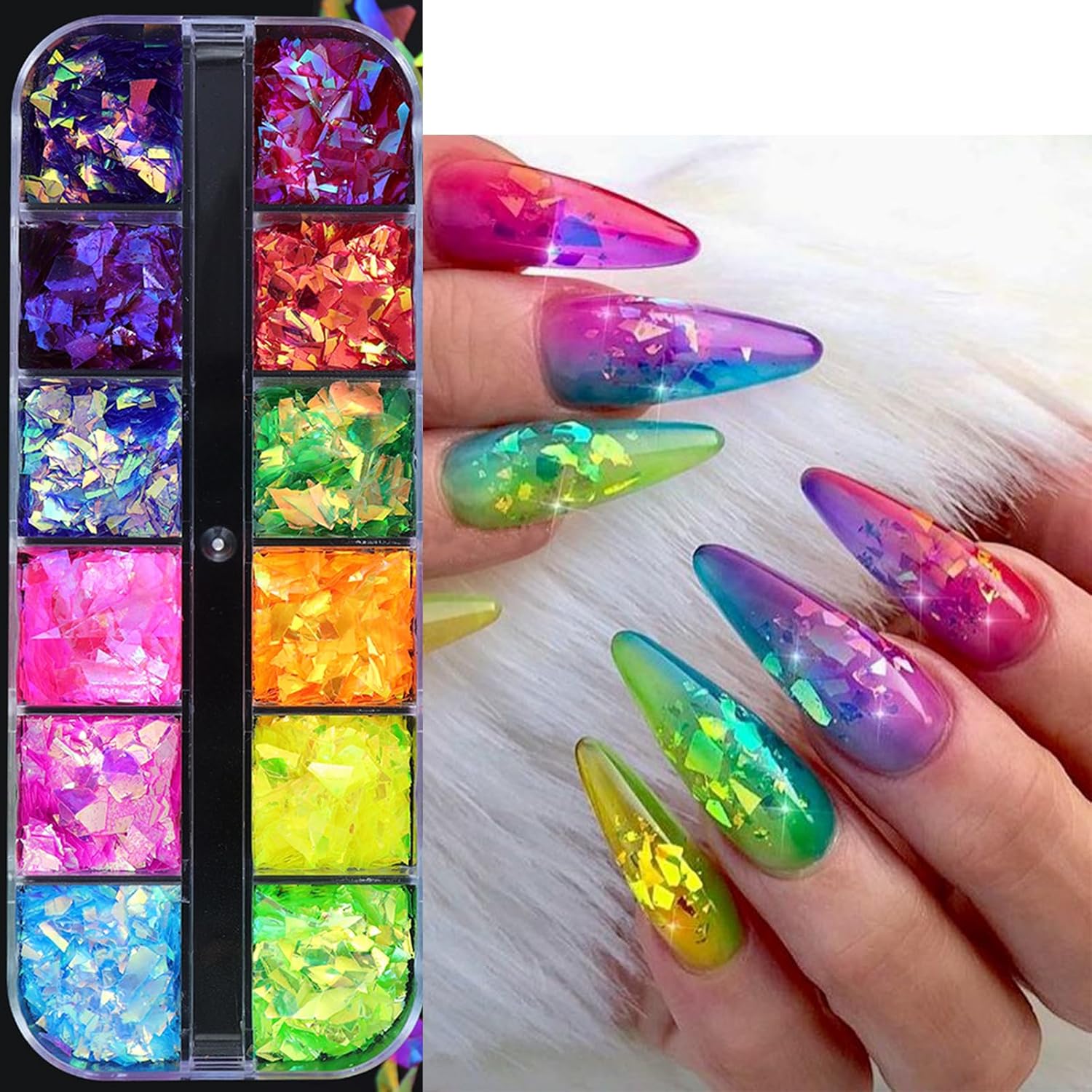 12Grids Holographic Mermaid Colorful Nail Art Glitter,Irregular Rainbow Candy Color Nail Art Flakes Sequins Gradient Bright Ice Slag Nail Sequins Summer Metallic Foil Nail Supplies DIY Nail Decoration-BrightBean Baby
