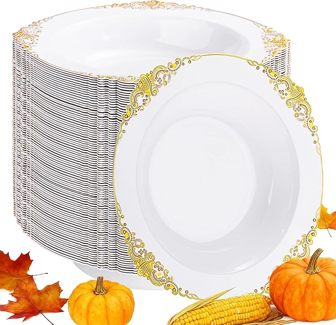 100PCS Gold Plastic Bowls - 12 oz White Disposable Salad Bowls - Heavy Duty Soup Serving Bowl - Fancy Plastic Ice Cream Bowl for Christmas,Thanksgiving Parties, Dinners, Catering, Picnics