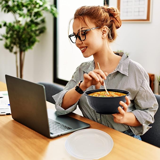 POPMISOLER 150 Pcs Stackable Meal Prep Bowl Containers, Food Takeout Bowls Reusable,Black Disposable Meal Prep Bowls With Lids. (48oz-Black)