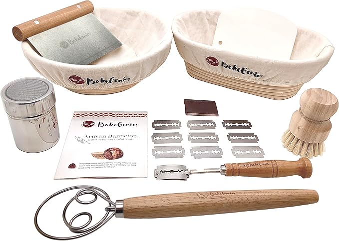 Artisan Bread Banneton Proofing Basket Set of 2, 9 inch Round & 10 inch Oval Sourdough Baskets with Danish Whisk, Dough Cutter, Scraper, Flour duster, Cleaning Brush, Bread Lame &10 Blades