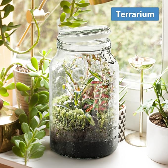 1 Gallon Super Wide Mouth Glass Storage Jars with Airtight Lids and 2 Measurement Marks, Leak Proof Glass Container with Hinged Lids, Large Pickle Jars with Labels and Silicone Gasket, 2 Pack