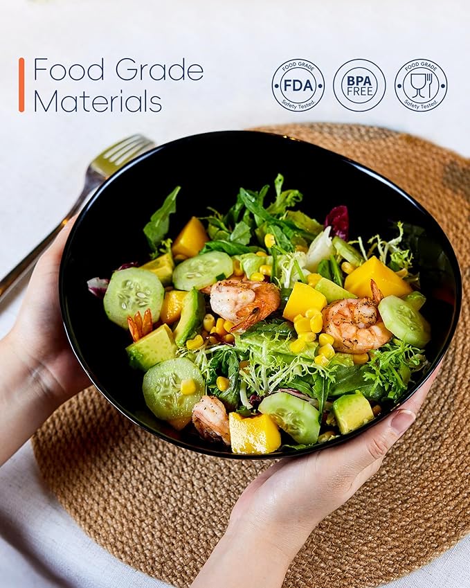 66 OZ Salad Bowl Set of 2, Opal Glass 10 inch Lightweight Serving Dishes for Salad, Fruit, Kitchen Microwave & Dishwasher Safe, Oval Shape Black