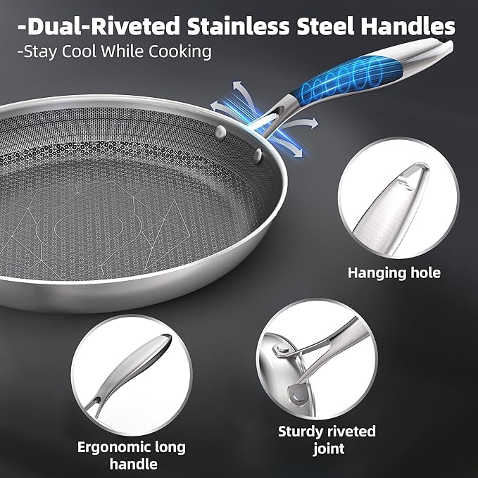 COOKING KING 12 Inch Stainless Steel Pan - Hybrid Nonstick Frying Pan Skillet