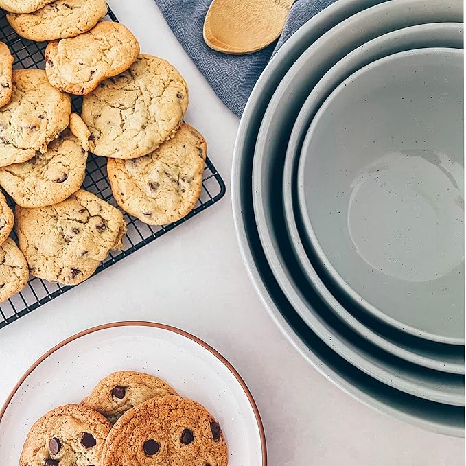Mora Ceramic Large Mixing Bowls - Set of 2 Nesting Bowls for Cooking, Serving, Popcorn, Salad etc - Microwavable Kitchen Stoneware, Oven, Microwave and Dishwasher Safe - Extra Big 5.5 & 3.6 Qt - Grey