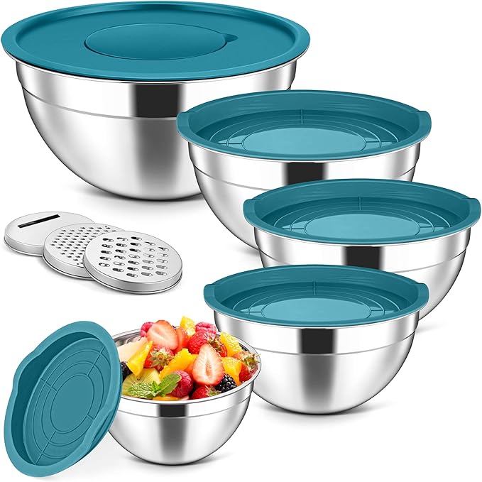 Herogo 5-Piece Mixing Bowls with Lids, 3 Grater Attachments, Stainless Steel Salad Bowls for Kitchen, Size 4.6, 3.5, 2.5, 2, 1.5QT Ideal for Baking, Prepping, Mixing and Serving, Blue