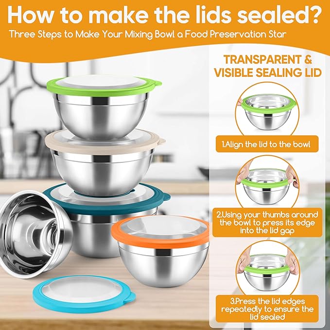 Herogo 5-Piece Mixing Bowls with Visible Lids, 3 Grater Attachments, Stainless Steel Salad Serving Bowls for Kitchen, 4.6/3.5/2.5/2/1.5 QT Ideal for Prepping & Cooking, Colorful