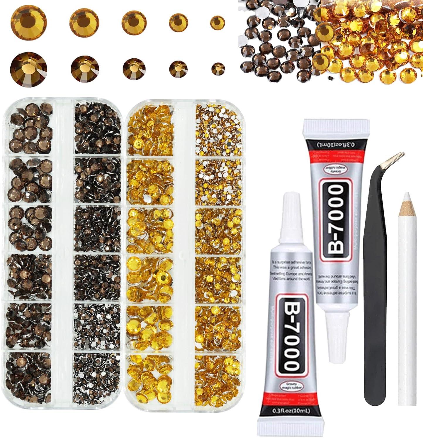 Gold and Brown Rhinestones with Glue(S8-S30) for Bedazzling, 2mm-6mm Non-Hotfix Flatback Nail Gems Beads with B7000, Resin Nail GemsStones Diamond Kit for Bedazzle Crafting, Nails DIY Art Decoration-BrightBean Baby