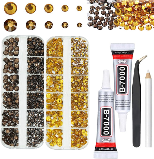 Gold and Brown Rhinestones with Glue(S8-S30) for Bedazzling, 2mm-6mm Non-Hotfix Flatback Nail Gems Beads with B7000, Resin Nail GemsStones Diamond Kit for Bedazzle Crafting, Nails DIY Art Decoration-BrightBean Baby