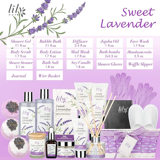 Mothers Day Gift for Mom - Relaxing 18-Piece Bath and Body Basket for Women Lavender Spa Gift Basket Set Bath Collection with Bath Bomb | Christmas, Birthday, Perfect Spa Present for Her All Occasions-BrightBean Baby