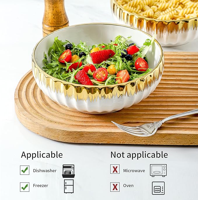 LETAOTAO Serving Bowls, 8 inch Large Salad Bowls, Ceramic Bowl Set of 2 White Bowl with Gold Trim, Kitchen Decorative Bowls Set for Kitchen, Salad, Soup, Pasta and Dinner(60 oz)