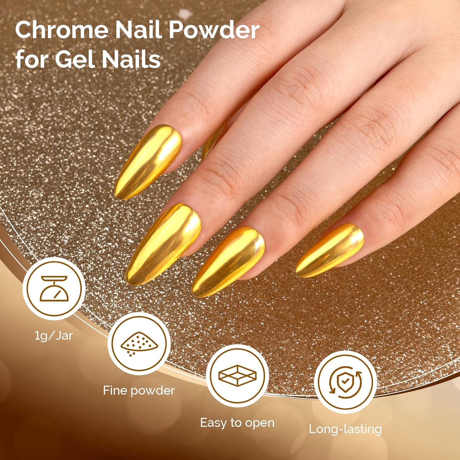 MelodySusie Gold Chrome Nail Powder for Gel Nails,Metallic Mirror Effect Pigment Stylish and Technological Fine Glitter for Home DIY Salon Use-BrightBean Baby