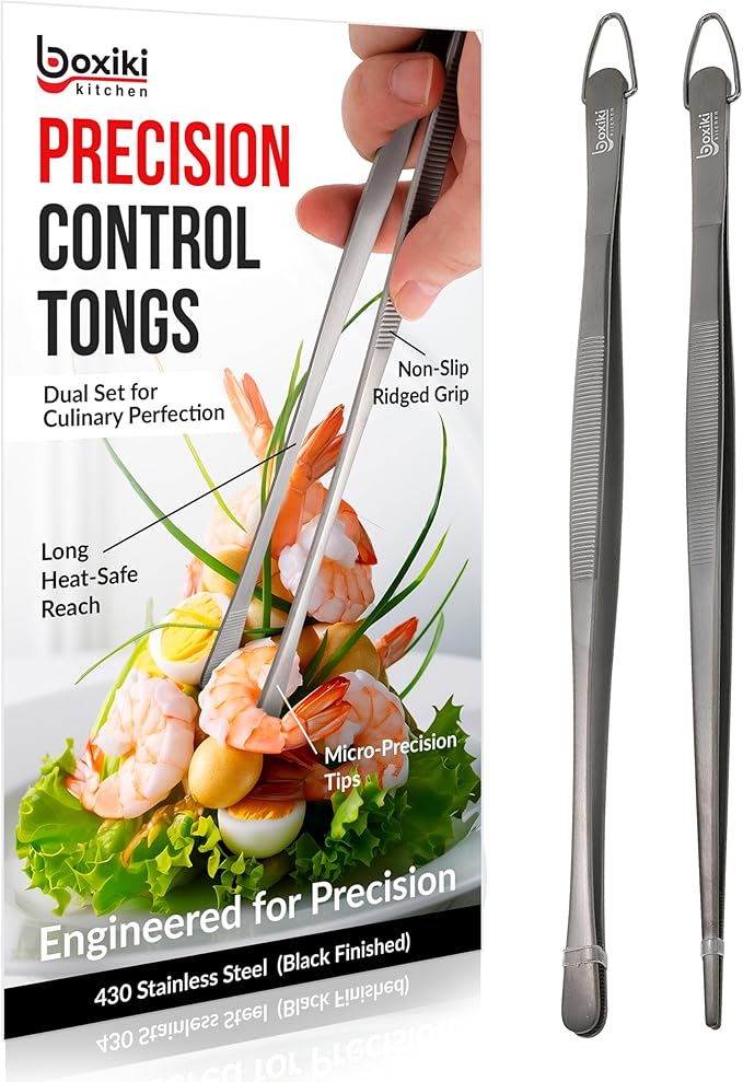 Tweezer Tongs Set of 2 – Boxiki Kitchen 430 Stainless Steel Cooking Tweezers, Long Chef Tweezers for Plating, Grilling, Baking, Pasta, Food Handling, Cake Decorating & Culinary Use