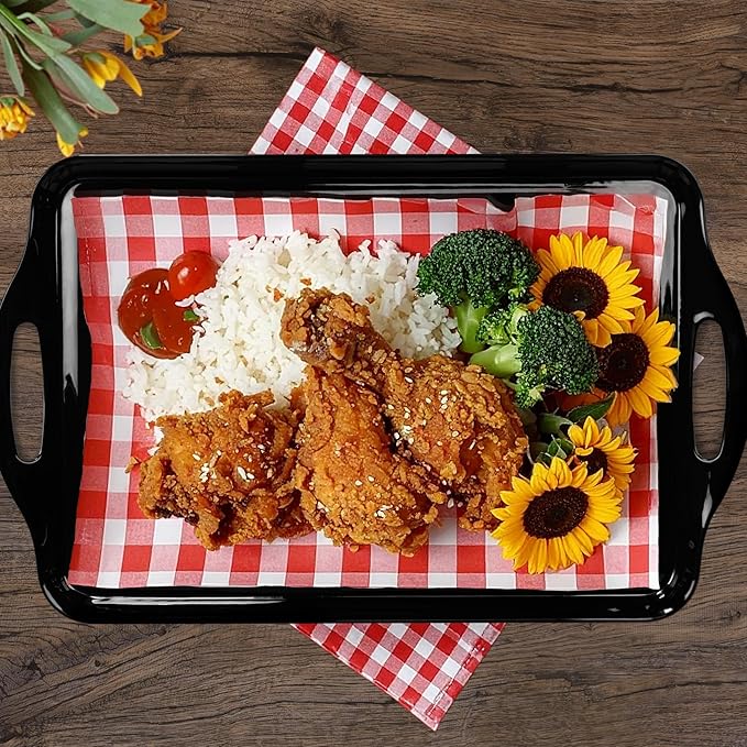 Large Black Serving Tray with Handles, 19''x11.6'' Halloween Thanksgiving Melamine Platters, Rectangular Trays for Serving Food, Turkey, Cookie, Cupcakes, Desserts, Dishwasher Safe, BPA-Free, Set of 2