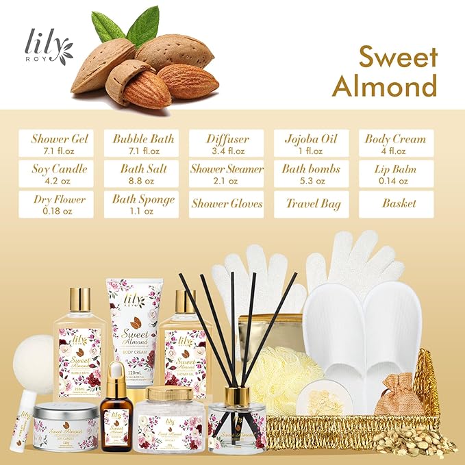 Mothers Day Gifts for Mom Spa Gift Basket Set for Women 17-Piece Almond Luxury Spa Gift Set Bath & Body Care Kit with Shower Gel, Body Cream | Valentine's, Christmas, Birthday Gifts for Her, Wife, Mom-BrightBean Baby