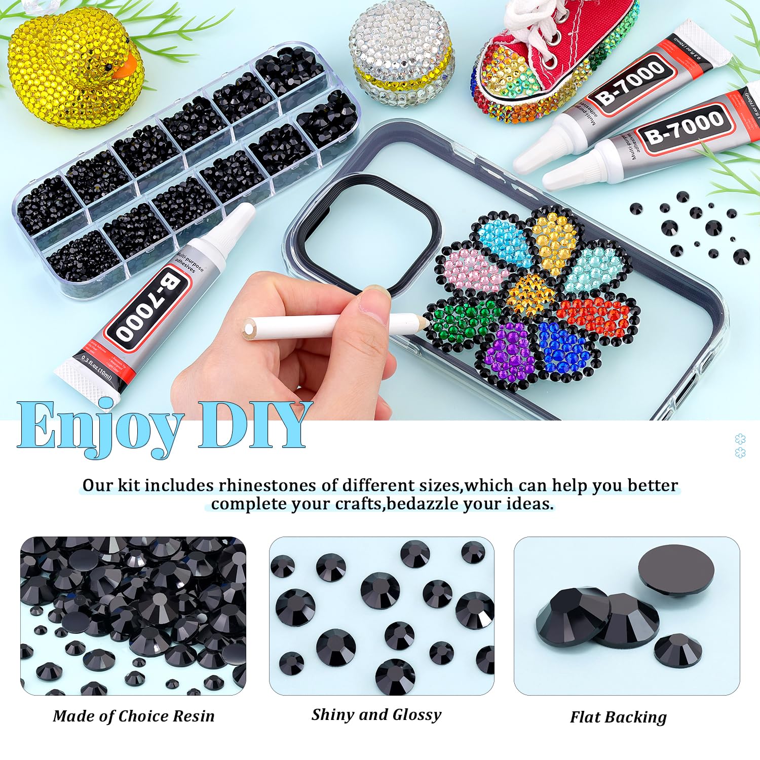 6000Pcs Resin Rhinestones for Bedazzling with 3Pcs B7000 Jewelry Glue, 1 Box Black Flatback Rhinestones for Crafting Crafts DIY, Crystals Gems for Clothing Shoes Tumblers Nail Art Makeup-BrightBean Baby