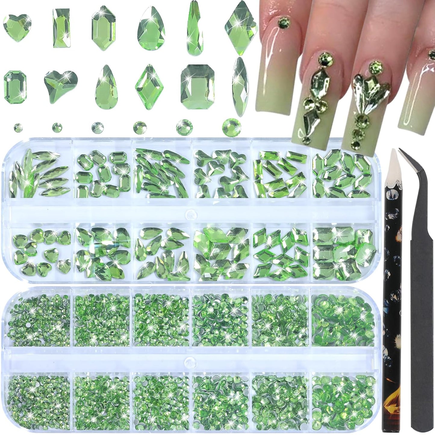 HNUIX Nail Rhinestones - 3D Multi Shape Size Crystal, Crystal Light Green, Flat Back, with Kit, for Nail Art, DIY Decorations-BrightBean Baby