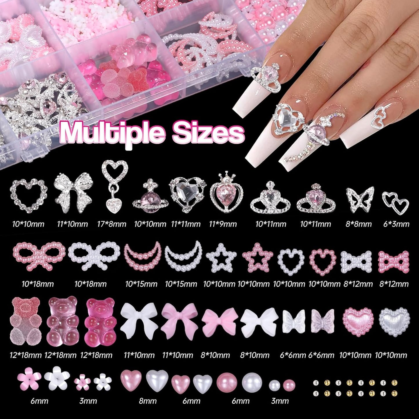 Silver Nail Gems Charms, 3D Pink Color Nail Art Charms, Acrylic Blossom Tiny Flowers Flatback Multi Styles Pearls Nail Charms Planet Heart Butterfly Nail Diamond Charms for Nails Manicure DIY Crafts-BrightBean Baby