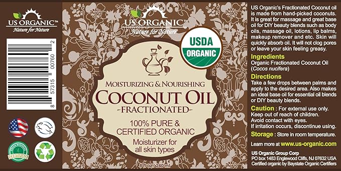 US Organic Fractionated Coconut MCT Oil (Liquid Coconut Oil), USDA Certified Organic, Non-GMO, Perfect for massage, carrier oil for DIY blends, Hair, Skin care. 100% Pure, Hexane-Free (8 oz)-BrightBean Baby