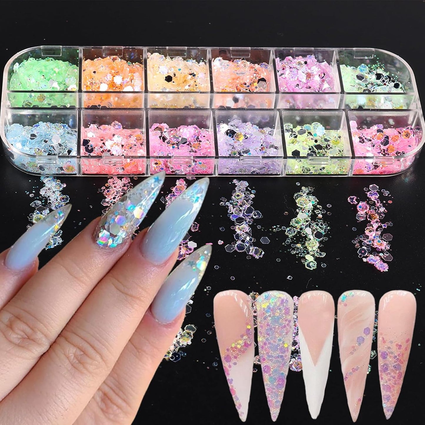 12 Grids Colorful Mermaid Nail Sequin Holographic Nail Art Glitter,Iridescent Nail Art Flake Glitter Decals Glass Paper Design Nail Accessories Acrylic Nails for Women Make Up DIY Nail Decoration-BrightBean Baby