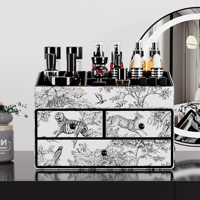 GORESE Leather Makeup Organizer with 3 Drawers for Vanity, Stackable Skincare Holder Dresser Organizer Countertop, Make Up Storage Organizers Counter Cosmetic Display Case Gift for Women(Retro Black)-BrightBean Baby