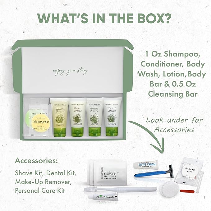 Amenity & Accessory Kit | 1 oz Travel Size Shampoo, Conditioner, Lotion, Body Wash, Body Bar, Cleansing Bar, Shave & Dental Sets, Make-Up Remover Wipes, & Vanity Kit | 1 set per case-BrightBean Baby