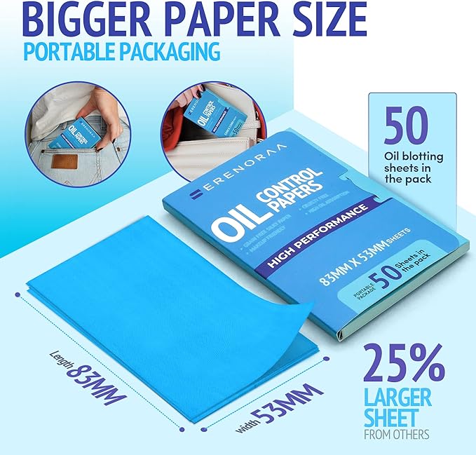 Oil Blotting Sheets for Face - Portable 1x50 Blue Oil Wipes Sheets for Face - Japanese High Performance Technology Makeup Blotting Paper -Grain Free Softer Oil Pads Absorbing Face Oil Tissues for Face-BrightBean Baby