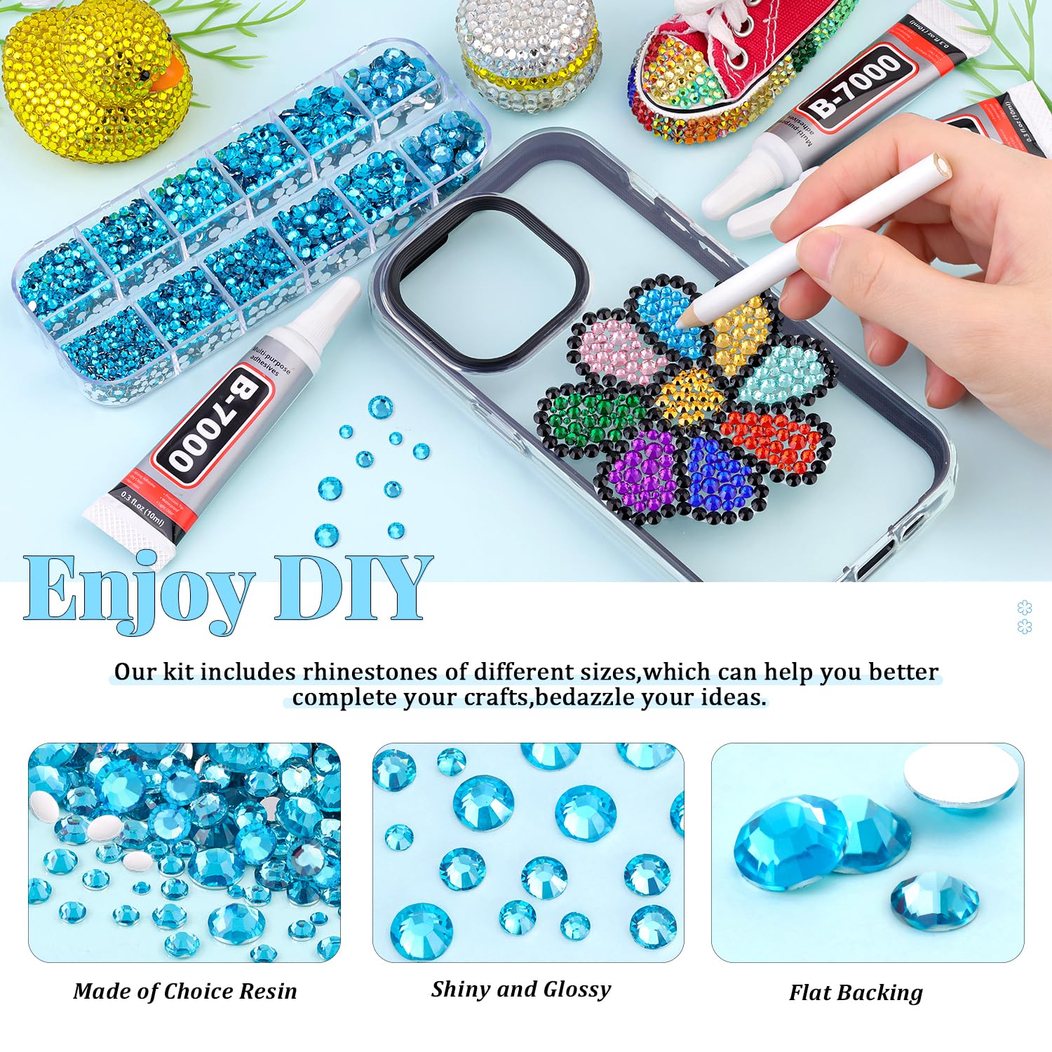 6000Pcs Resin Rhinestones for Bedazzling with 3Pcs B7000 Jewelry Glue, 1 Box Indicolite Flatback Rhinestones for Crafting Crafts DIY, Crystals Gems for Clothing Shoes Tumblers Nail Art Makeup-BrightBean Baby