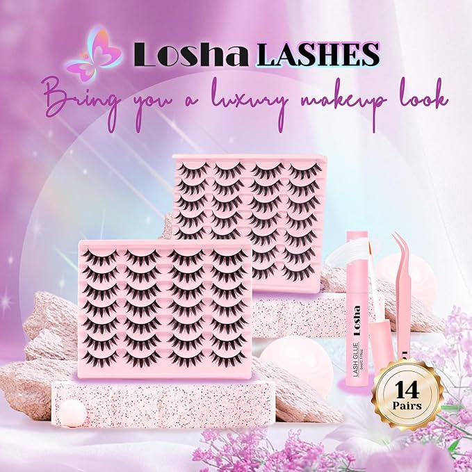 Losha Lashes Spiky Manga Lashes 14 Pairs Anime False Eyelashes 8D Wispy Eye Lashes Kit with Lash Glue and Lash Tweezers Natural Soft Fake Eyelashes (Cutes)-BrightBean Baby