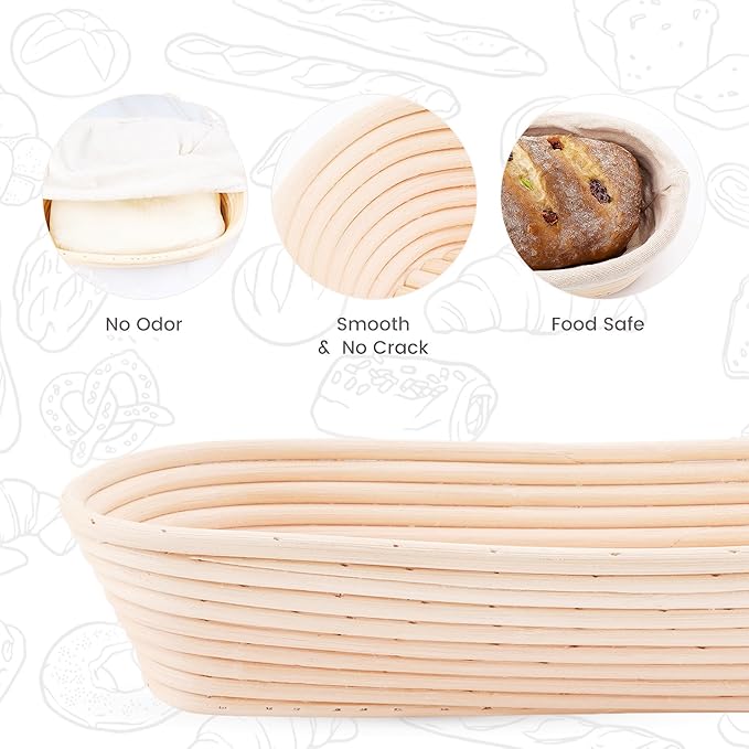 14.5inch Oval Bread Dough Proofing Rising Rattan Basket & Liner Combo for Professional & Home Baking (2 basket & 2 liner)