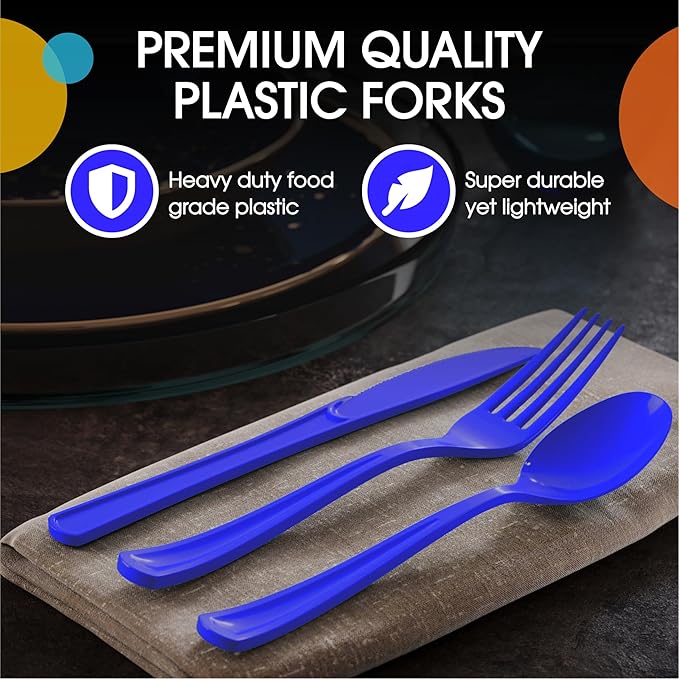Party Solids Dark Blue Plastic Silverware Heavy Duty 300 Pcs Dark Blue Plastic Cutlery Sets, Utensil Sets, 100 Of Each Forks, Knives & Spoons Disposable Cutlery Set, Flatware Set For Party Supplies
