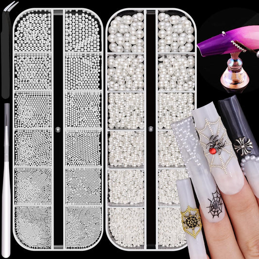 2 Boxes Flatback Pearls (White) and Metal Beads (Silver) for Nail Art, Luxurious Pearl Charms and Small Round Caviar Beads Accessories for Acrylic Tips Manicure Decor-BrightBean Baby