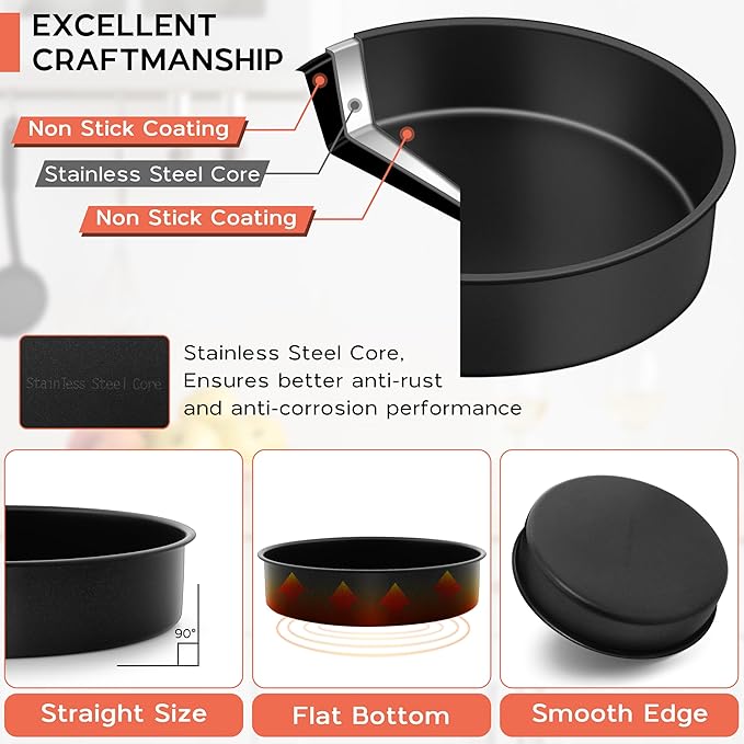 Onader 8 Inch Cake Pan, Stainless Steel Round Smash Cake Bake Pans Set of 3, Nonstick & Non Toxic Birthday Wedding Baking Tins