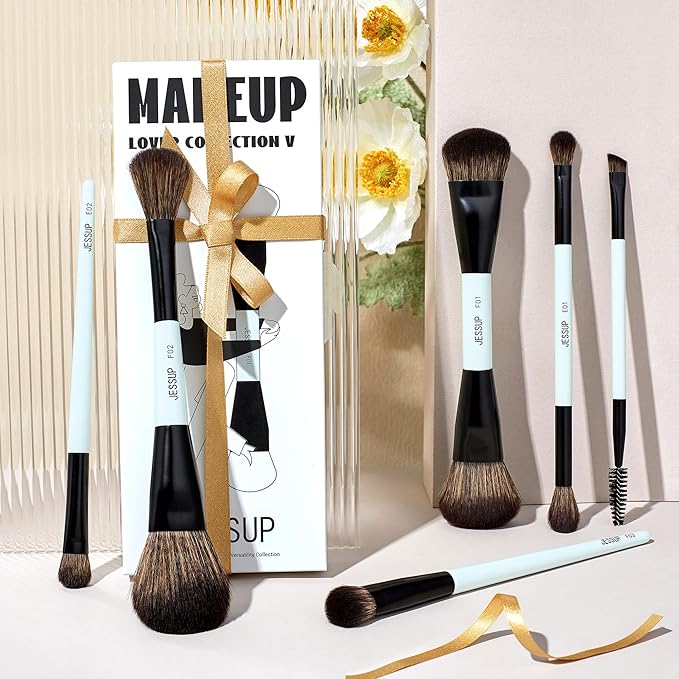 Jessup Makeup Brush Set 6pcs Double Sided Makeup Brushes Foundation Contour Blush Highlight Blending Eyebrow Brush Eyeshadow Brush, Vegan Fiber Make up Brush Bright Cyan T501-BrightBean Baby