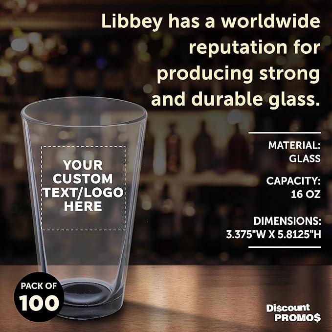 Custom Libbey Pint Glass 16 oz. Set of 100, Personalized Bulk Pack - Beer Glasses, Heavy Duty Drinkware - Black