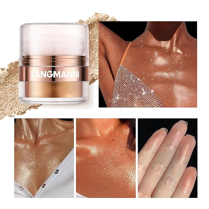 Glitter Body Highlighter Powder Body Shimmer Sparkle Face Brightening Highlighter Powder for Face Eyes Body Glow Makeup With sponge head（ Golden）-BrightBean Baby