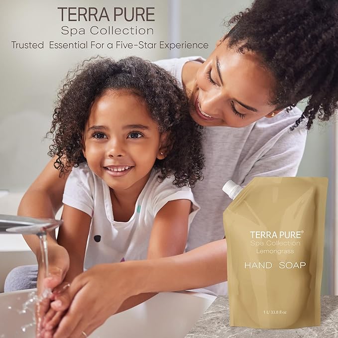Terra Pure Spa Collection 1 Liter Hand Wash Refill Bag For Soap Dispensers | Bulk Toiletries for Vacation Rentals, and Home Bathroom Showers | Green Tea Lemongrass | Single-BrightBean Baby