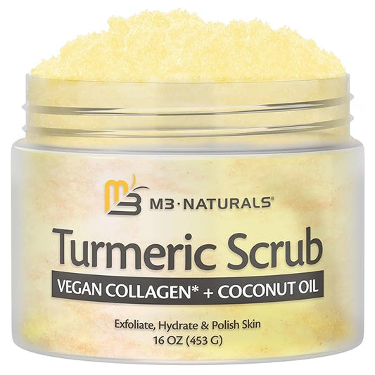 Exfoliating Turmeric Scrub and Skin Exfoliator with Collagen and Coconut Oil, Gently Exfoliates Face, Body, Hands, and Feet, Moisturizing Skincare, 16 oz by M3 Naturals-BrightBean Baby