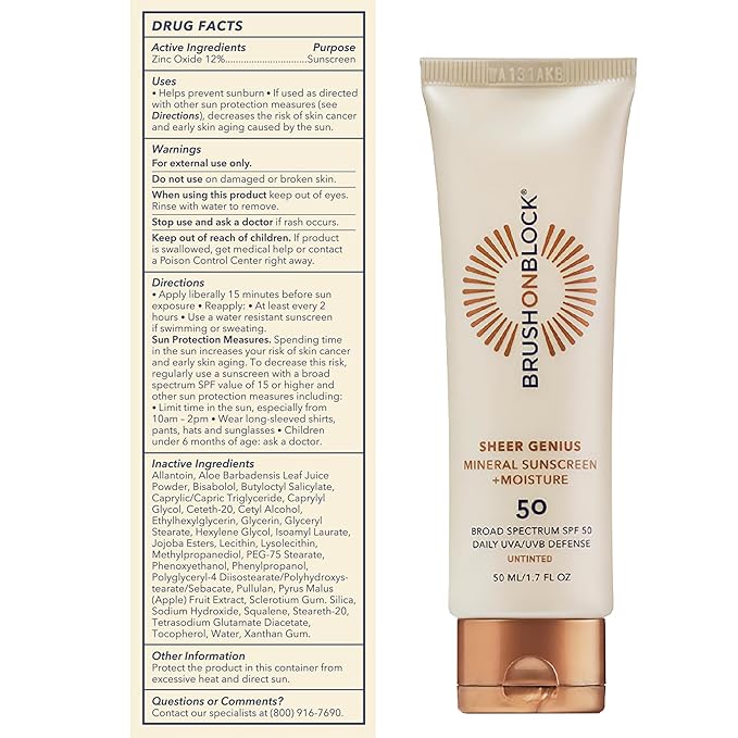 Brush On Block Untinted Mineral Sunscreen SPF 50 for Face | Broad Spectrum, Hyaluronic Acid, Sheer & Non-Greasy Moisturizer for Sensitive Skin, Zinc Oxide Sunscreen, P++++, Made in USA-BrightBean Baby