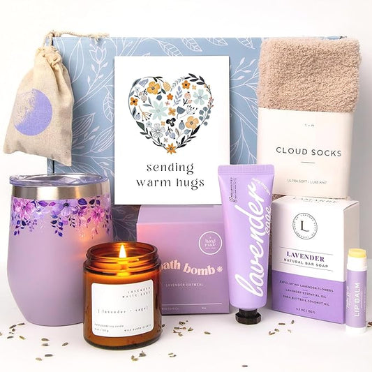 Unboxme Lavender Spa Gift Basket For Women - Relaxation Gifts I Self Care Package with Lavender Scented Candle, Wine Tumbler, Bath Bomb, Soap, Socks, Hand Cream & Bonus Card | Sympathy Gift-BrightBean Baby