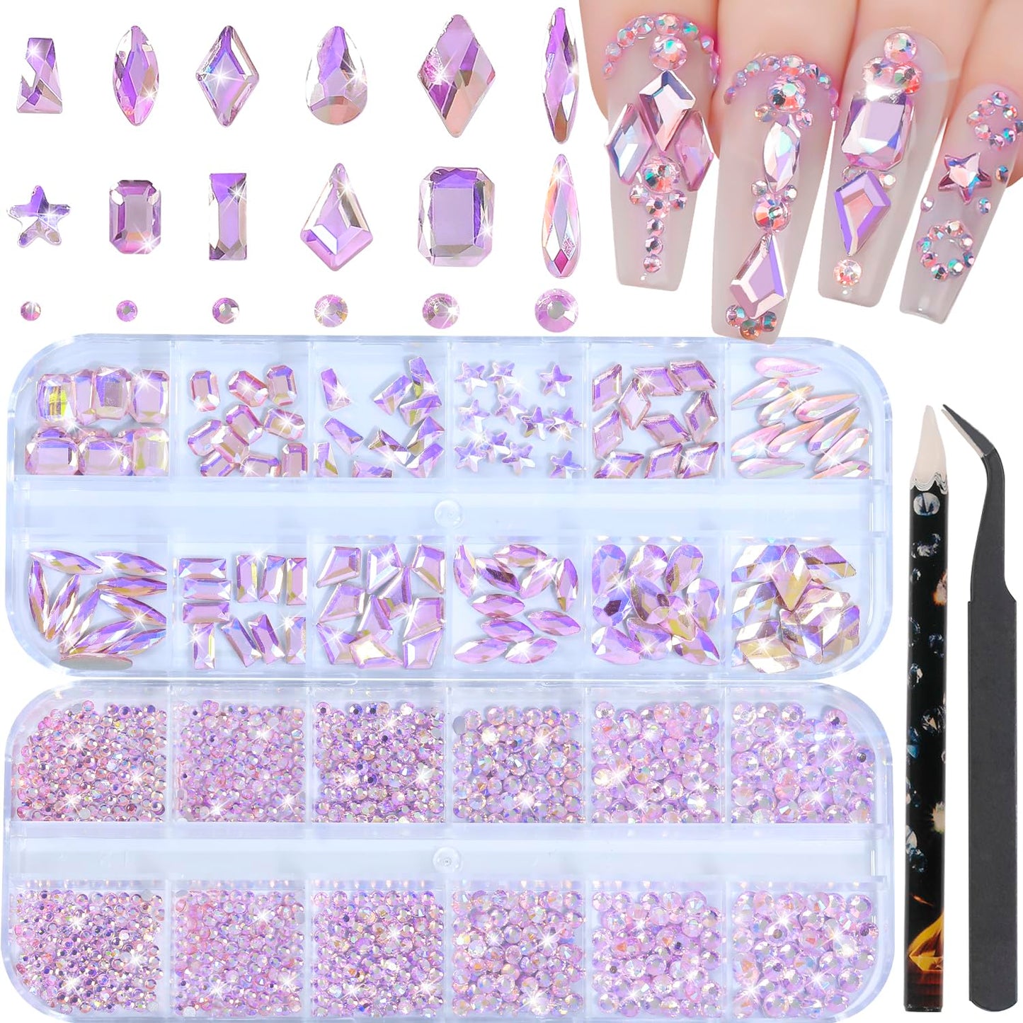 HNUIX Nail Rhinestones - 1600pcs 3D Multi Shape Size Crystal, Pink AB Nail Gems, Flat Back, with Kit, for Nail Art, DIY Decorations-BrightBean Baby
